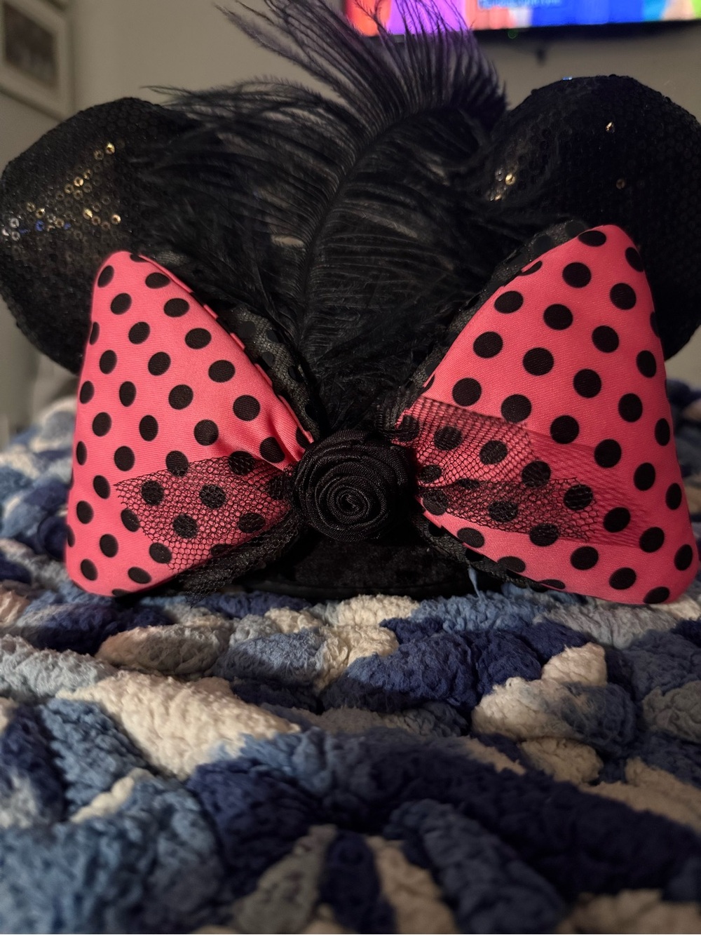 Black Sequin Minnie Ear Headband with Pink Polka Dot Bow